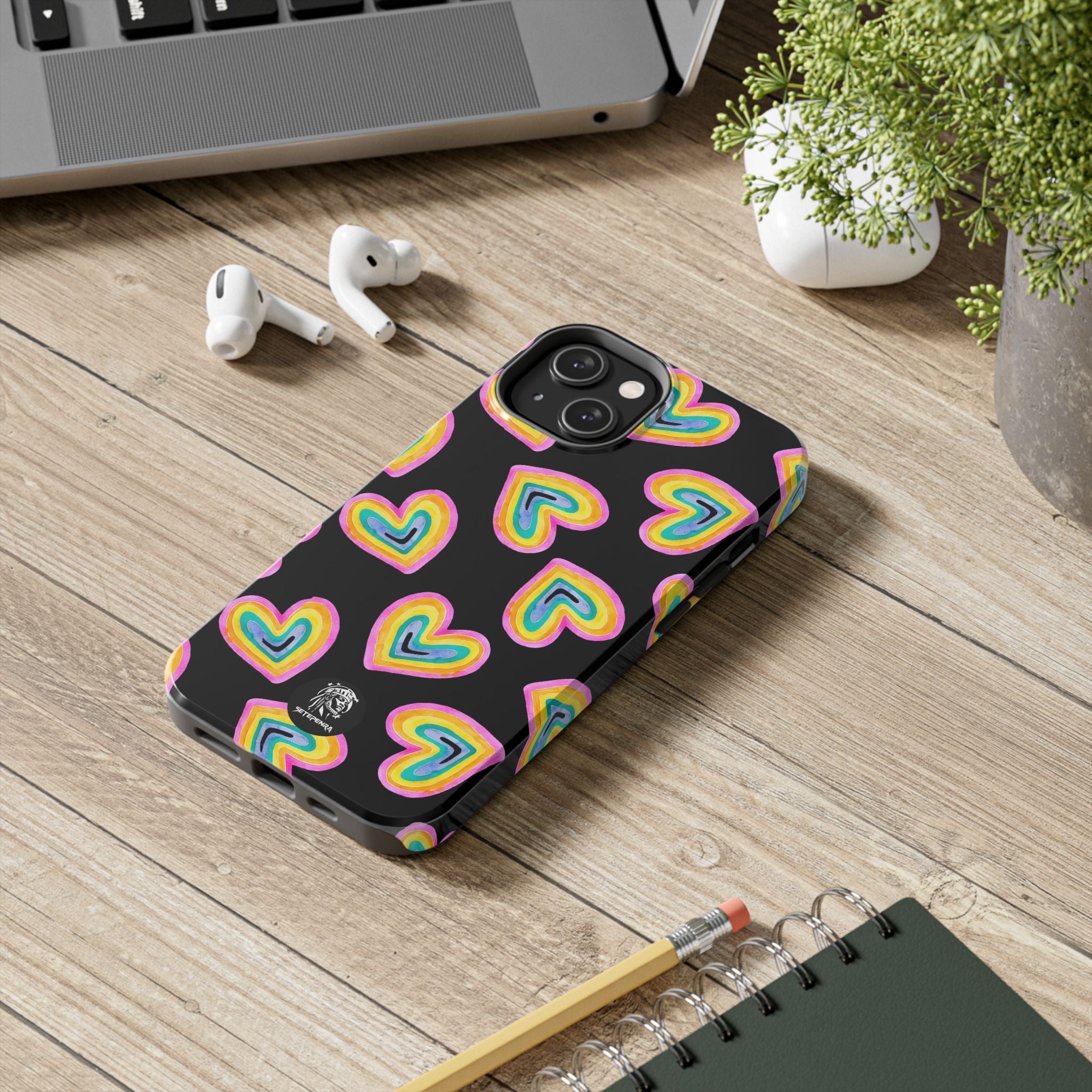 Rainbow Heart Tough Phone Case (For iPhone, Galaxy & More) - Black
