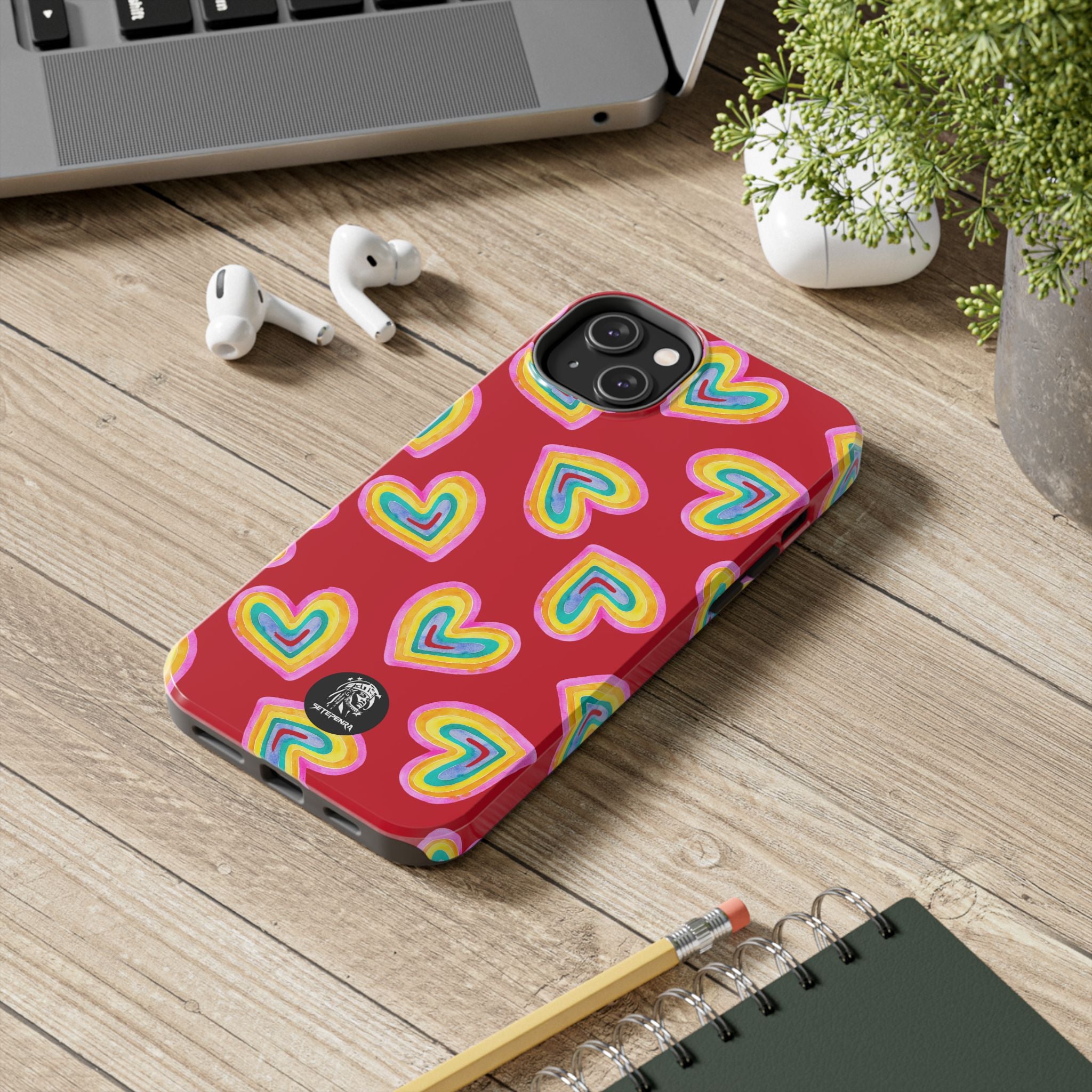 Rainbow Heart Tough Phone Case (For iPhone, Galaxy & More) - Dark Red