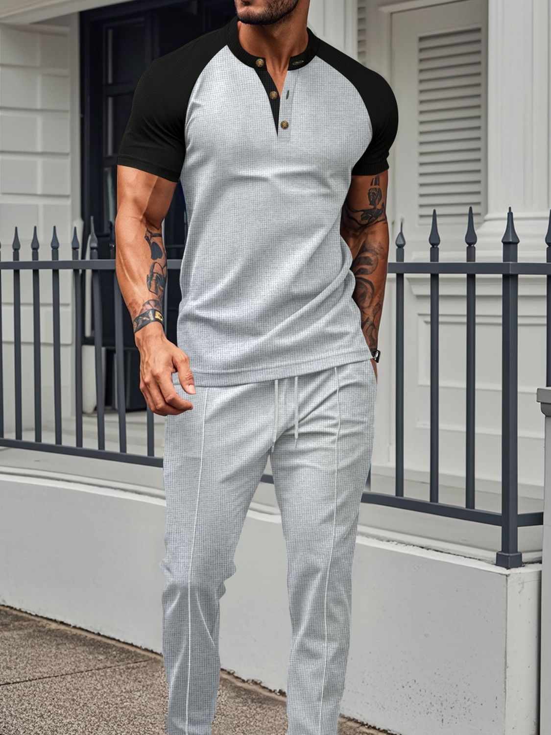 Men's Full Size Waffle-Knit Contrast Top and Drawstring Pants Set Plus Size SETEPENRA .
