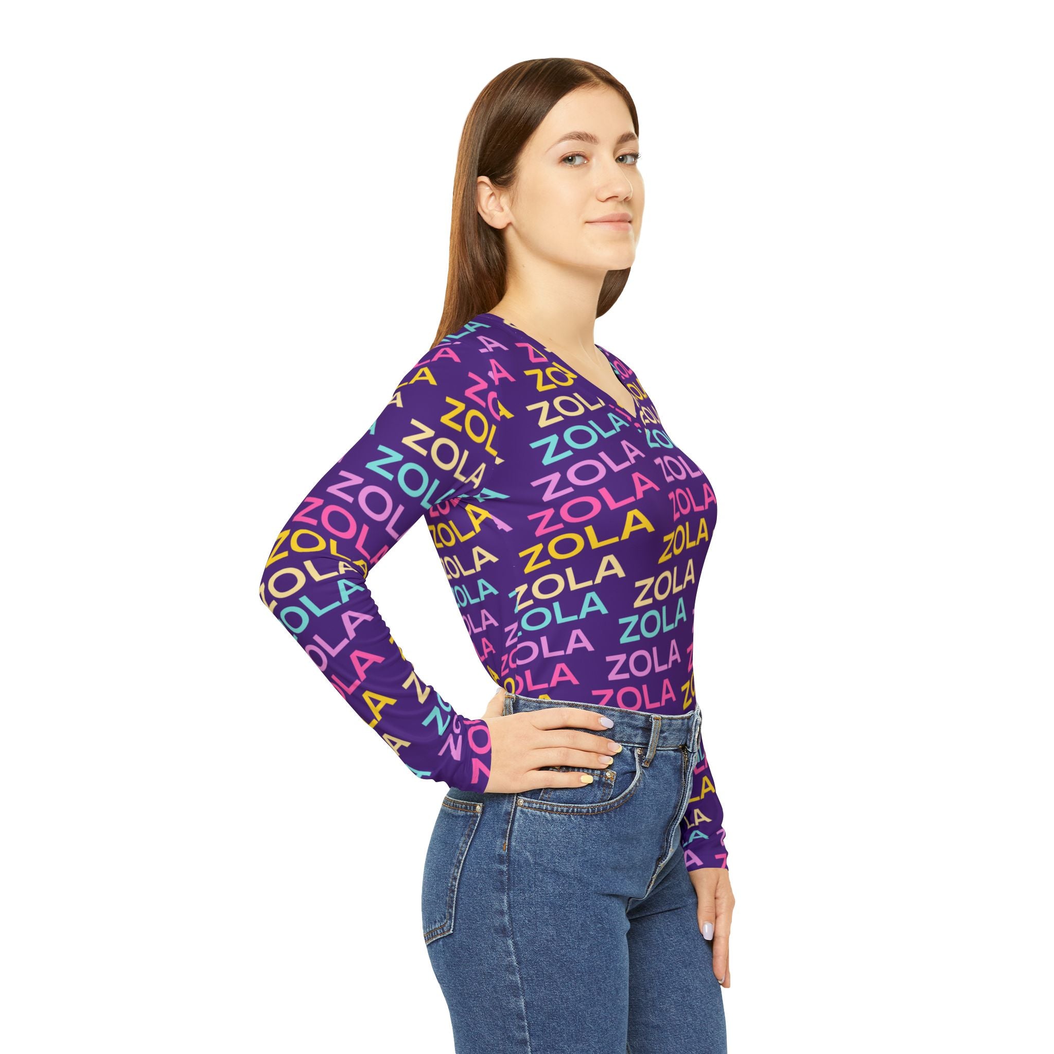 Zola Print Women's Long Sleeve V-Neck Shirt (Purple) SETEPENRA All Over Prints.
