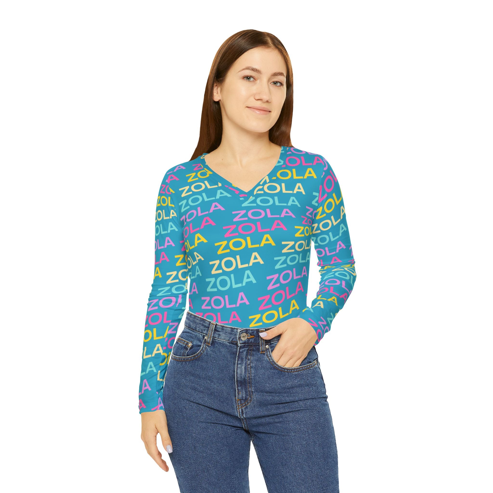 Zola Print Women's Long Sleeve V-Neck Shirt (Turquoise) SETEPENRA All Over Prints.