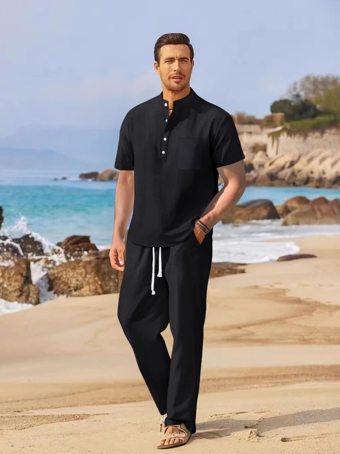 Men's Full Size Half Button Top and Drawstring Pants Set Plus Size SETEPENRA .