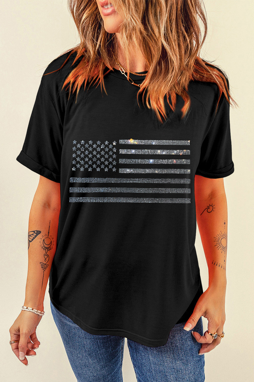 Rhinestone US Flag Round Neck Short Sleeve T-Shirt SETEPENRA .