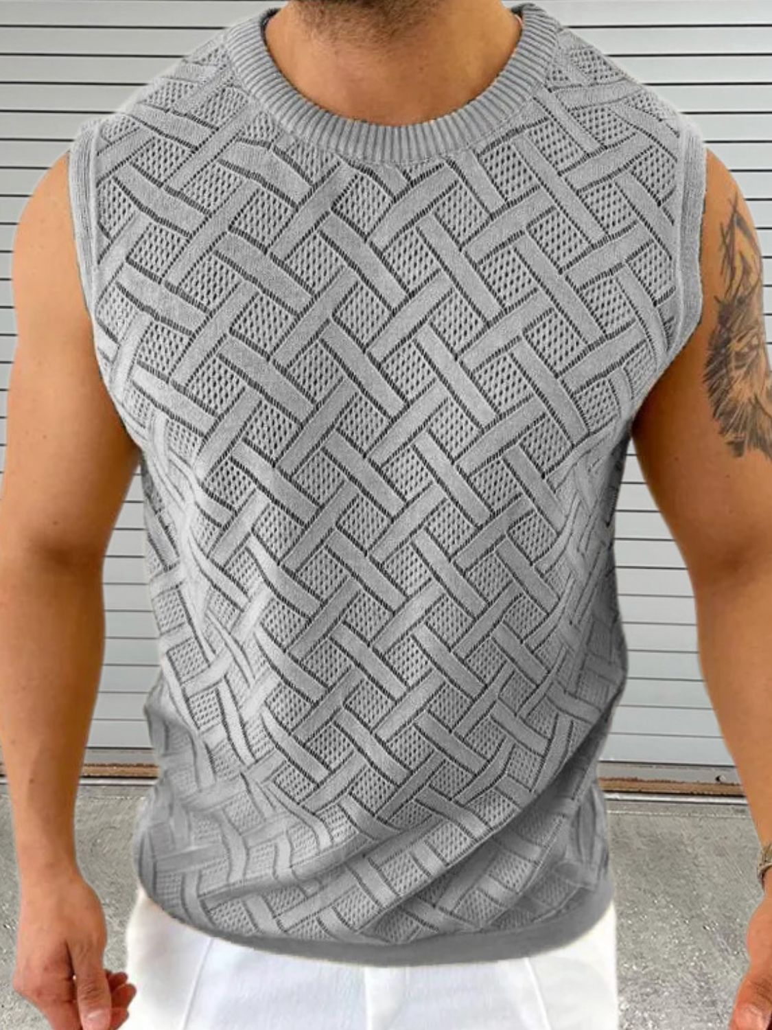 Men's Round Neck Sleeveless Eyelet Knit Top SETEPENRA .