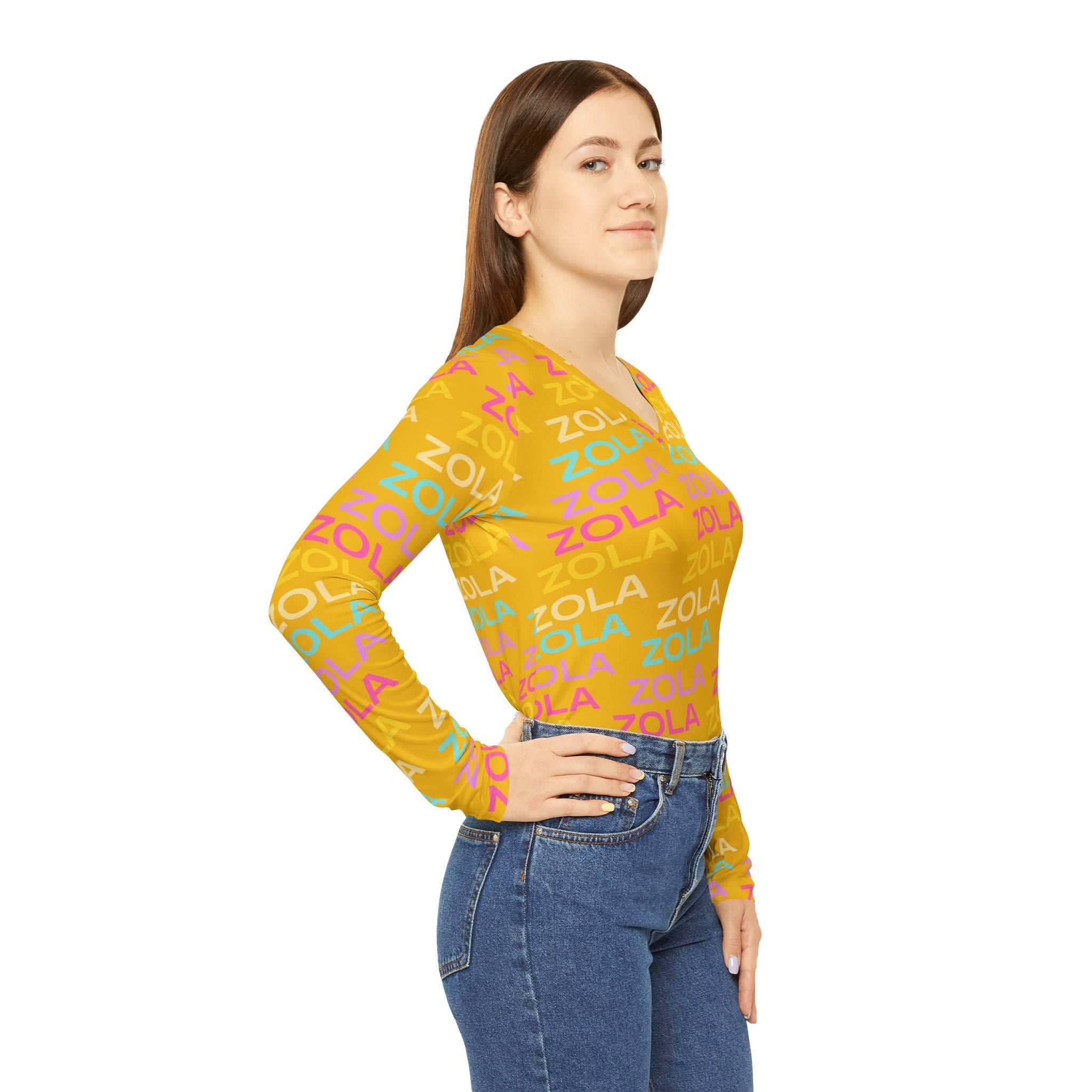 Zola Print Women's Long Sleeve V-Neck Shirt (Gold) SETEPENRA All Over Prints.