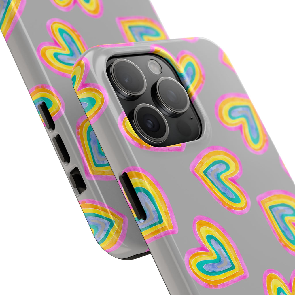 Rainbow Heart Tough Phone Case (For iPhone, Galaxy & More) - Light Grey