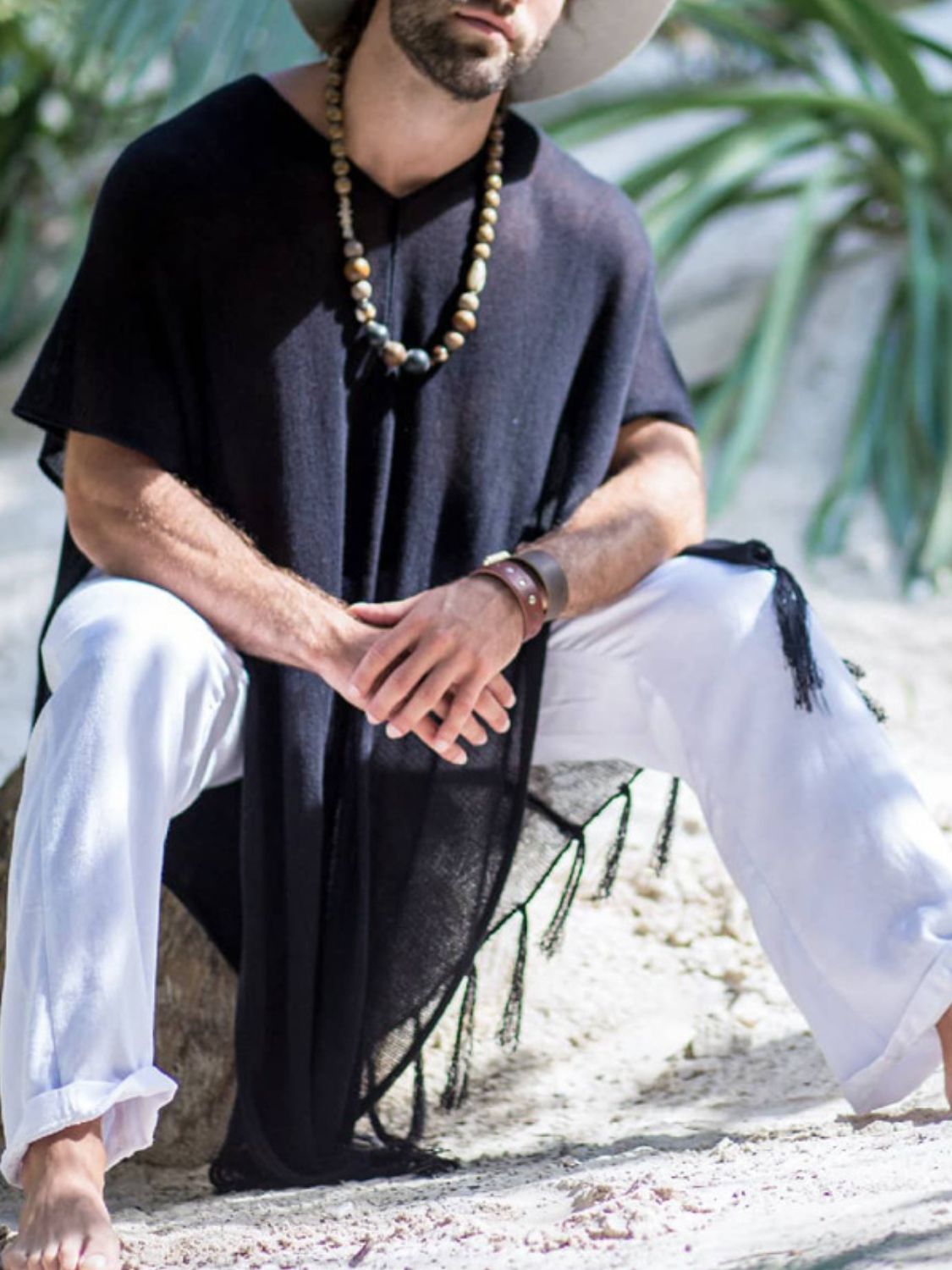 Men's Full Size Fringe V-Neck Half Sleeve Cover Up Plus Size SETEPENRA .