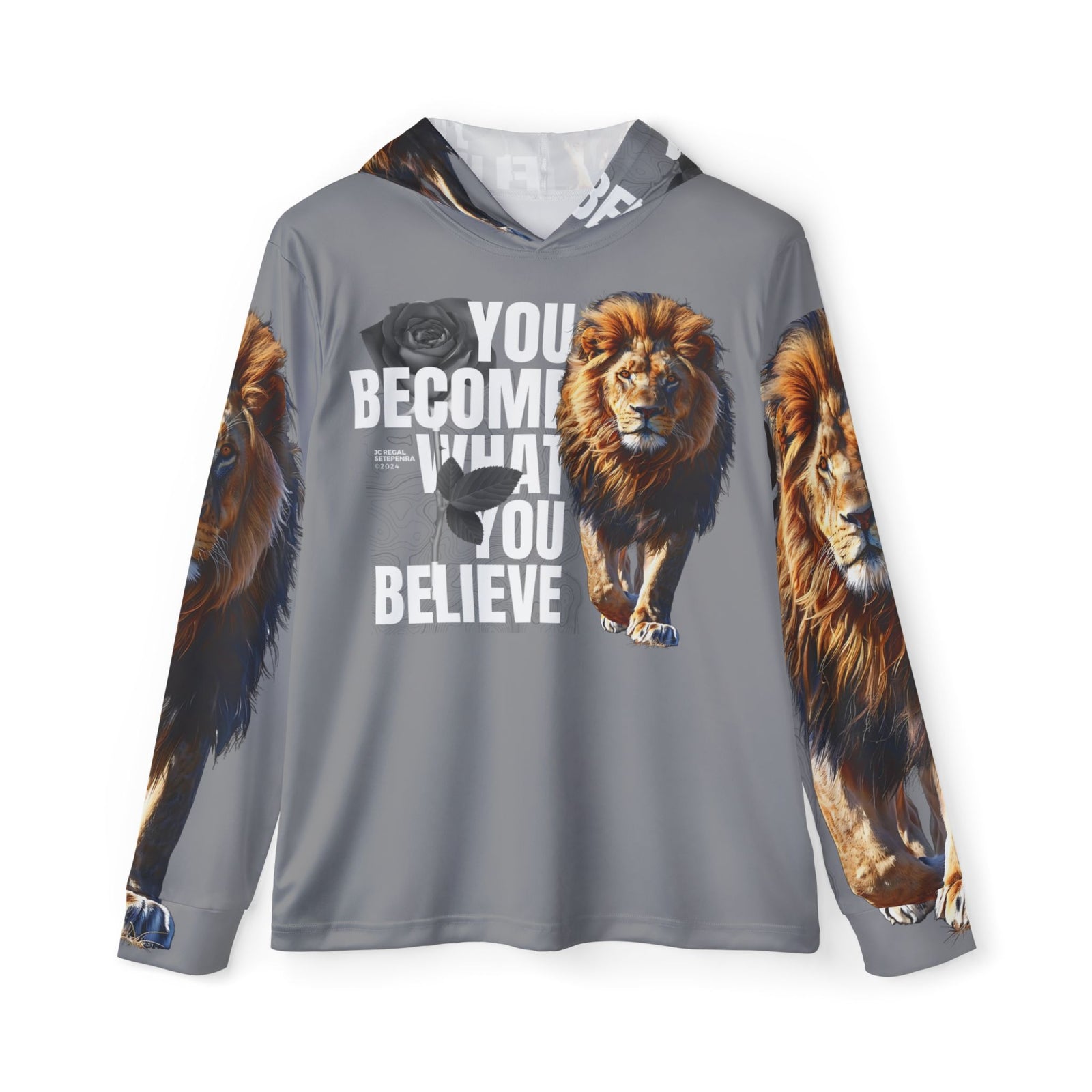 You Become What You Believe Men's Sports Warmup Hoodie (Grey) SETEPENRA All Over Prints.