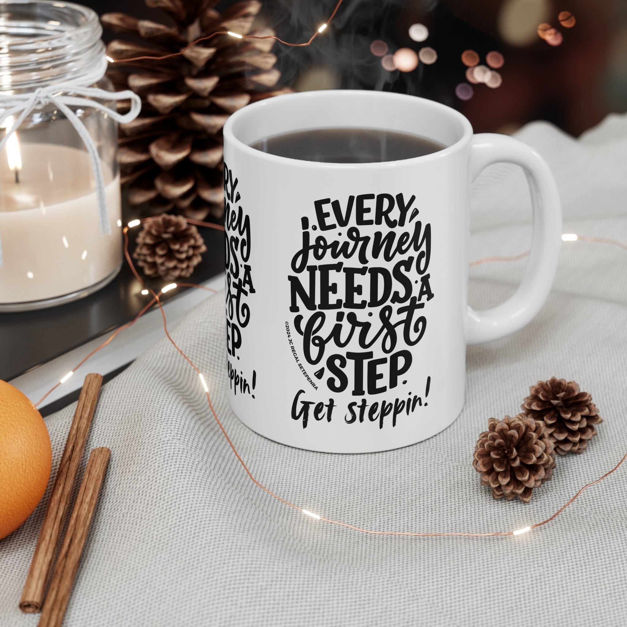 Get Steppin! White Ceramic Mug, 11oz SETEPENRA Mug.