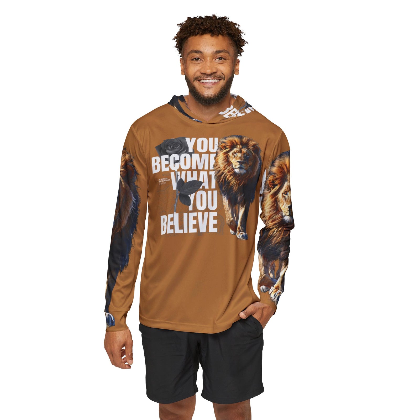 You Become What You Believe Men's Sports Warmup Hoodie (Light Brown) SETEPENRA All Over Prints.