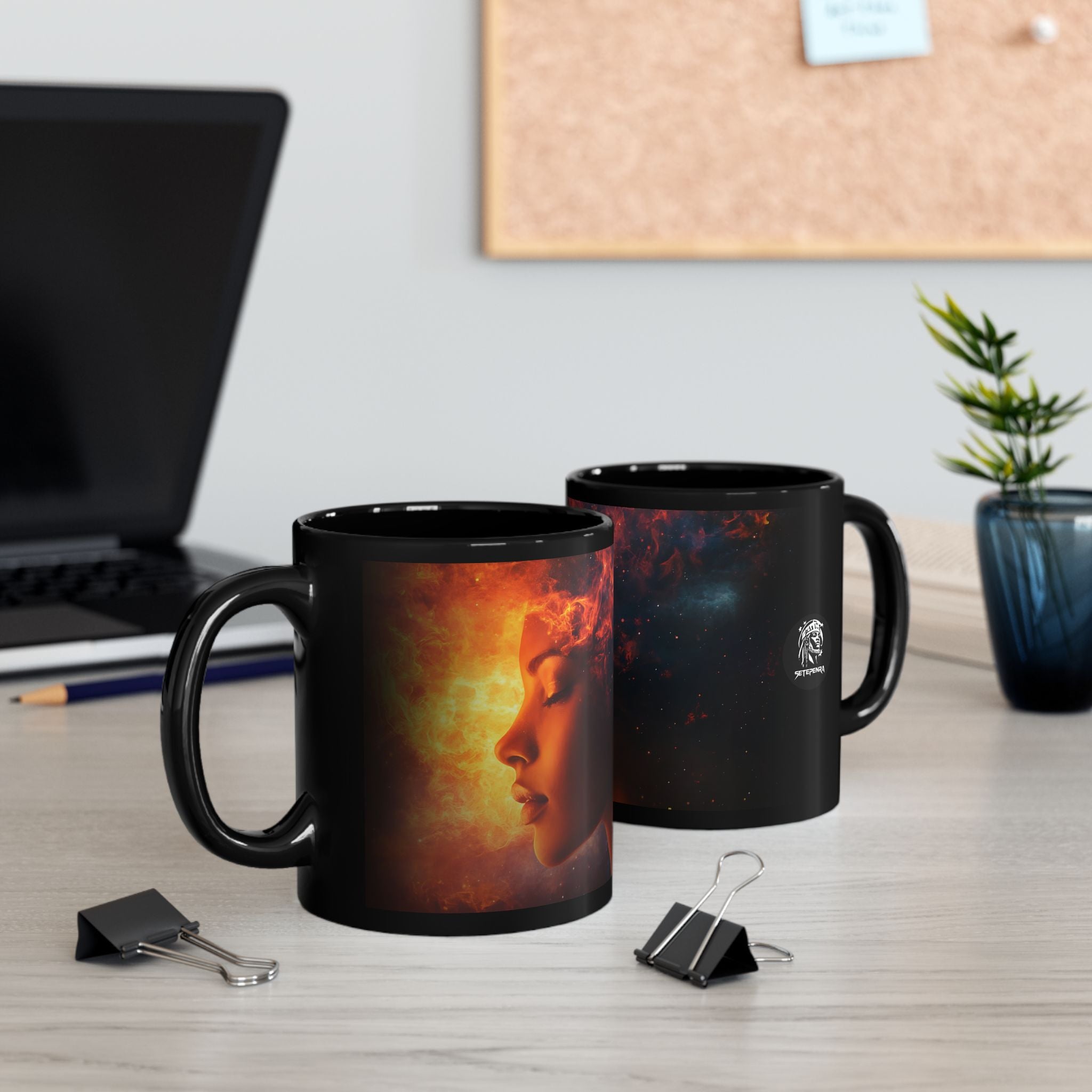 Black ceramic mug featuring the Cosmic Queen design for stylish beverage enjoyment.