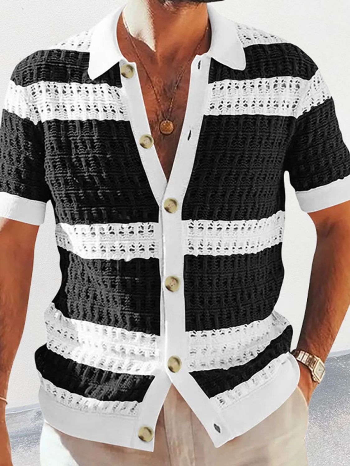 Men's Button Down Collared Neck Contrast Openwork Shirt SETEPENRA .