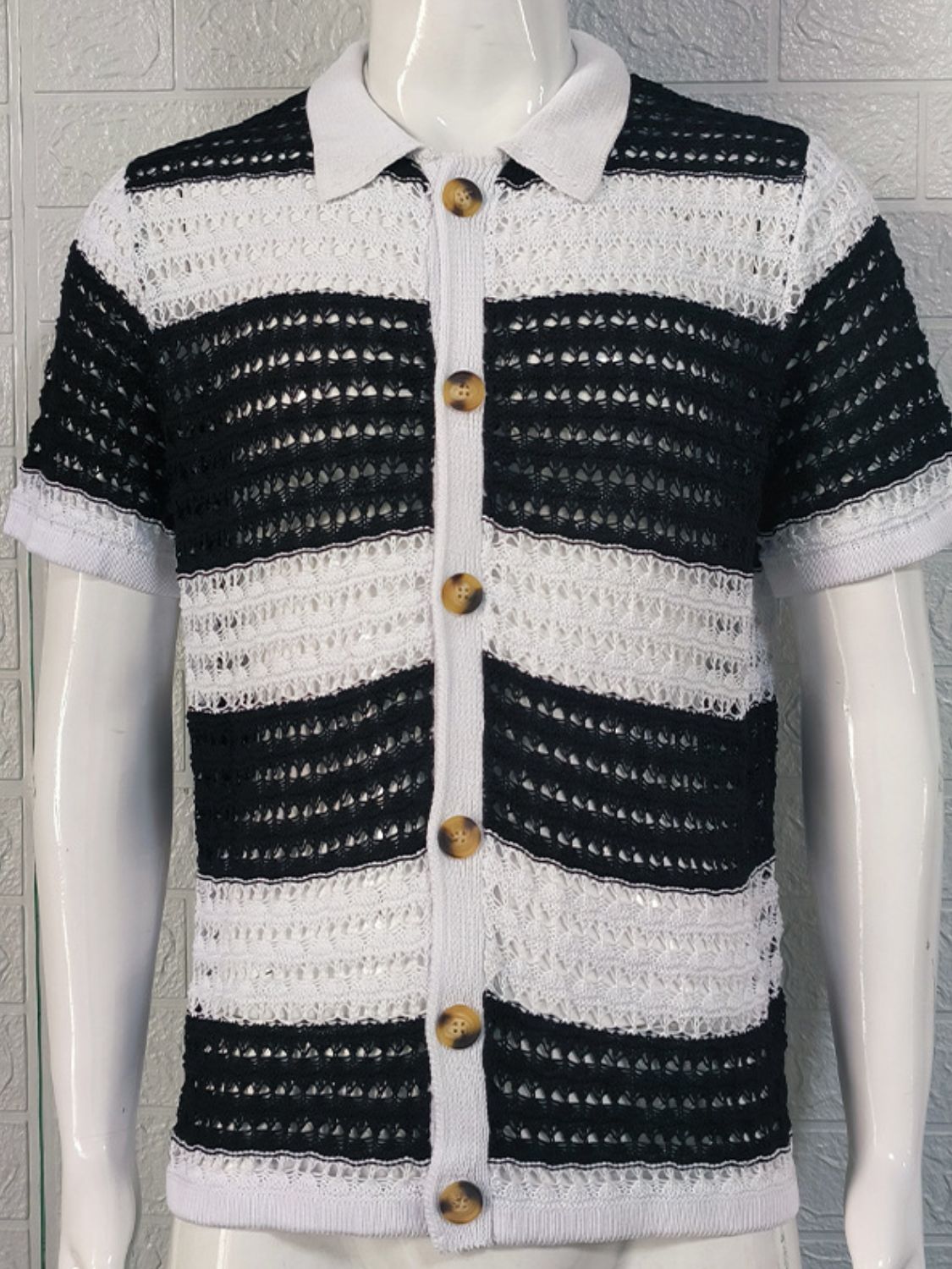 Men's Button Down Collared Neck Contrast Openwork Shirt SETEPENRA .
