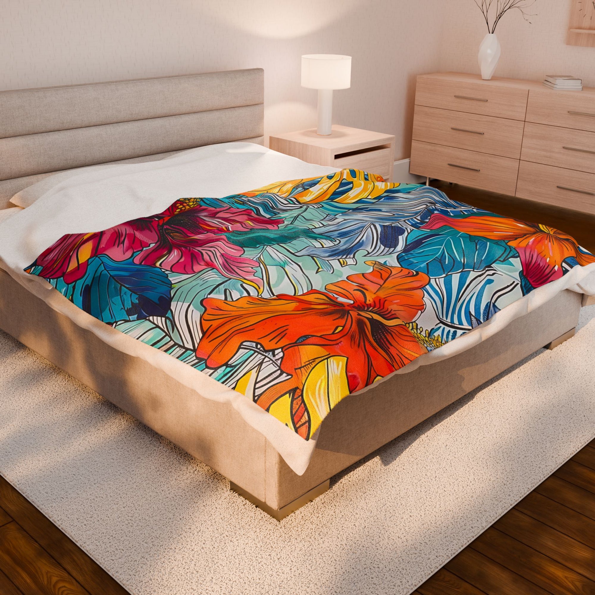 Monstera Hibiscus Velveteen Plush Blanket SETEPENRA All Over Prints.