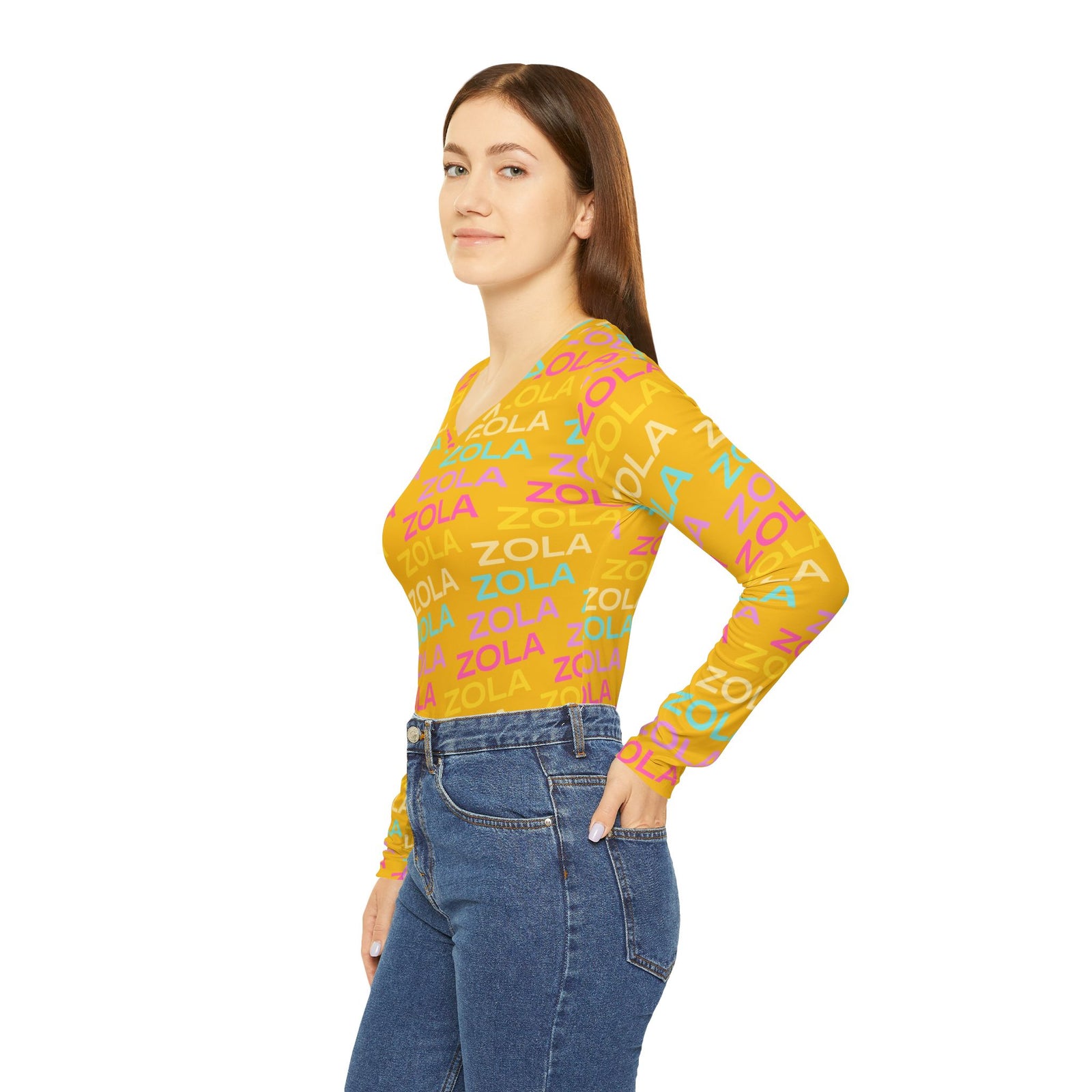 Zola Print Women's Long Sleeve V-Neck Shirt (Gold) SETEPENRA All Over Prints.