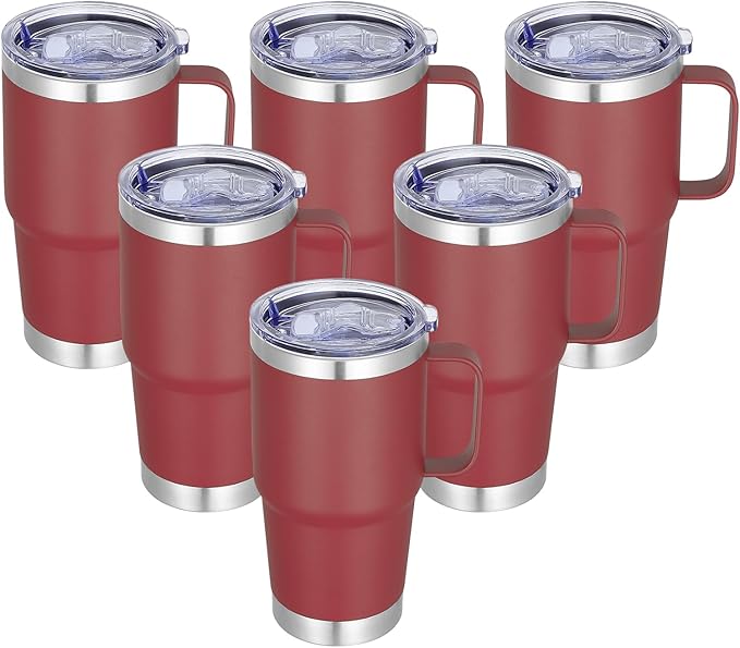 Stainless Steel Double Wall Insulated Travel Mug With Handle And Straw Lid, 20oz (1, 6, 12 Pack Sets In Various Colors)