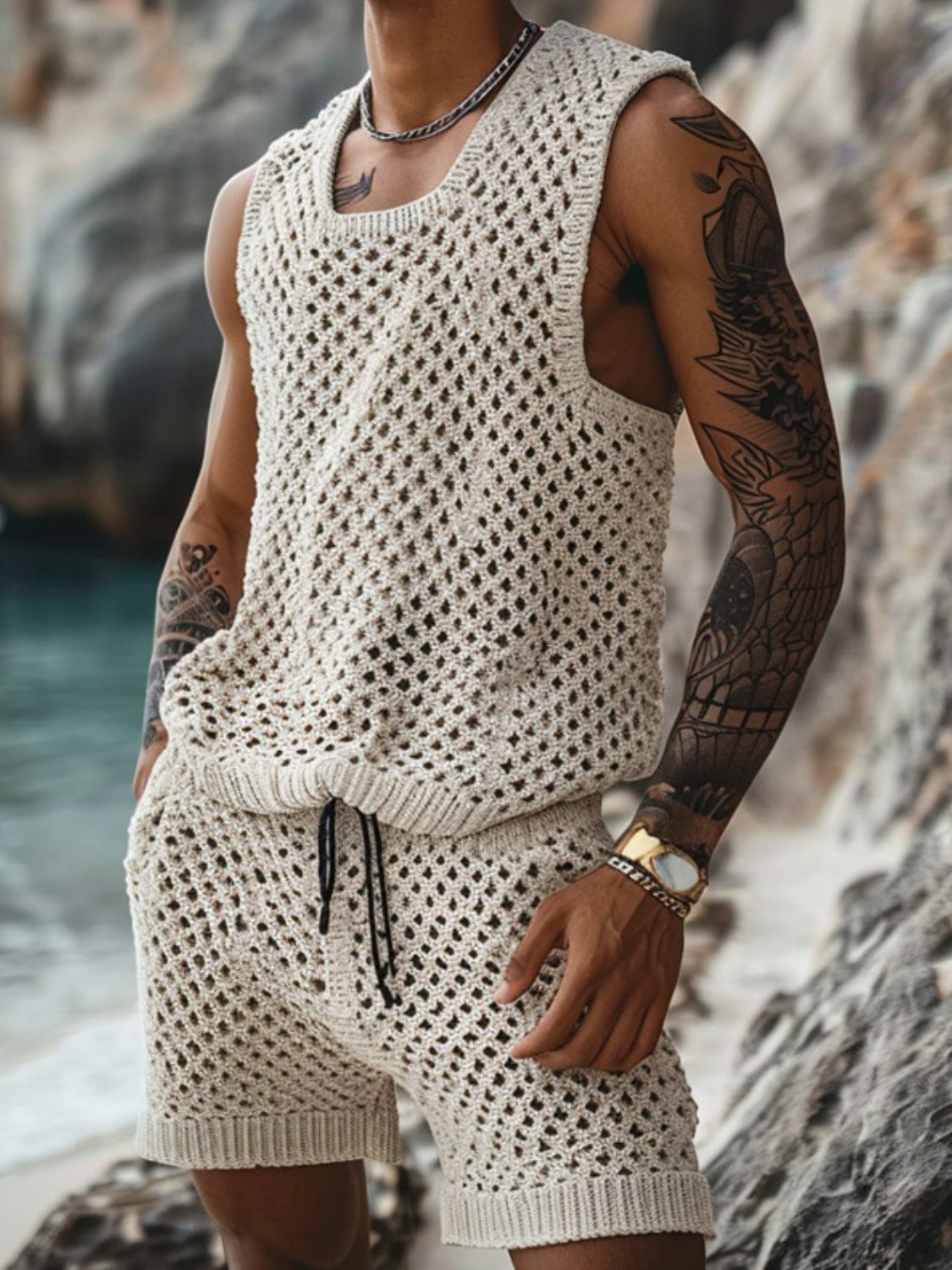 Men's Plus Size Hollow Out Round Neck Tank and Shorts Set SETEPENRA .
