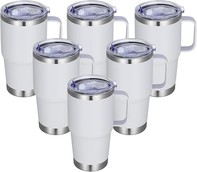 Stainless Steel Double Wall Insulated Travel Mug With Handle And Straw Lid, 20oz (1, 6, 12 Pack Sets In Various Colors)
