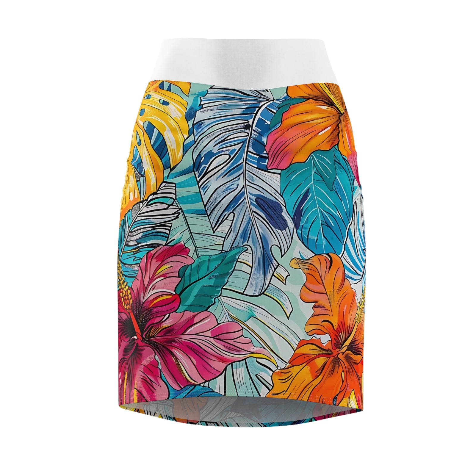 Women's Monstera Hibiscus Pencil Skirt (w/White Waistband) SETEPENRA All Over Prints.
