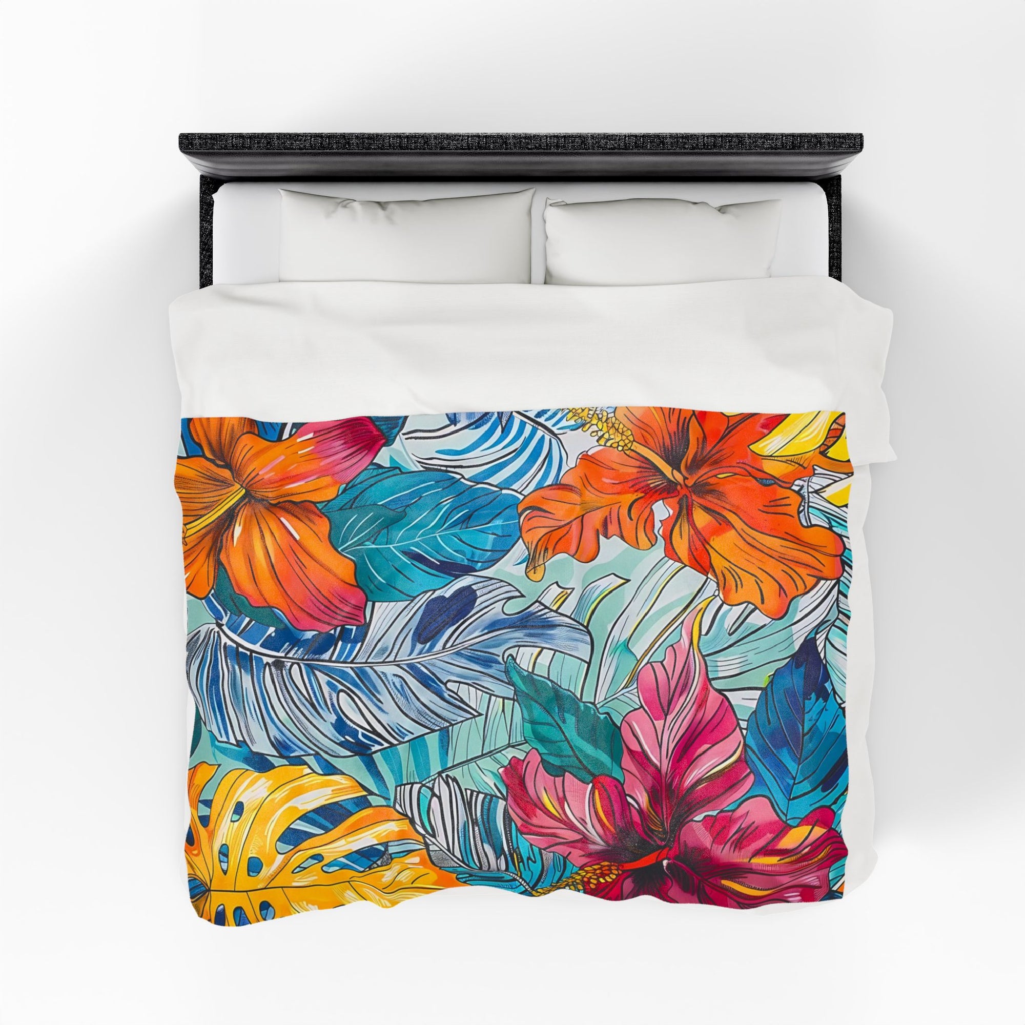 Monstera Hibiscus Velveteen Plush Blanket