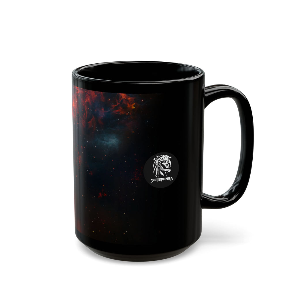 Black ceramic mug featuring the Cosmic Queen design for stylish beverage enjoyment.