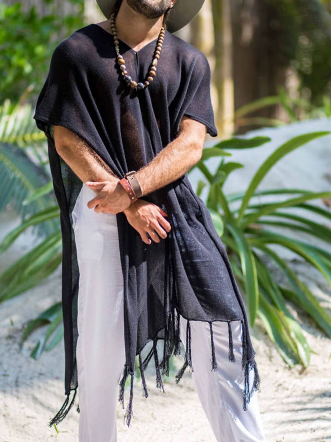 Men's Full Size Fringe V-Neck Half Sleeve Cover Up Plus Size SETEPENRA .