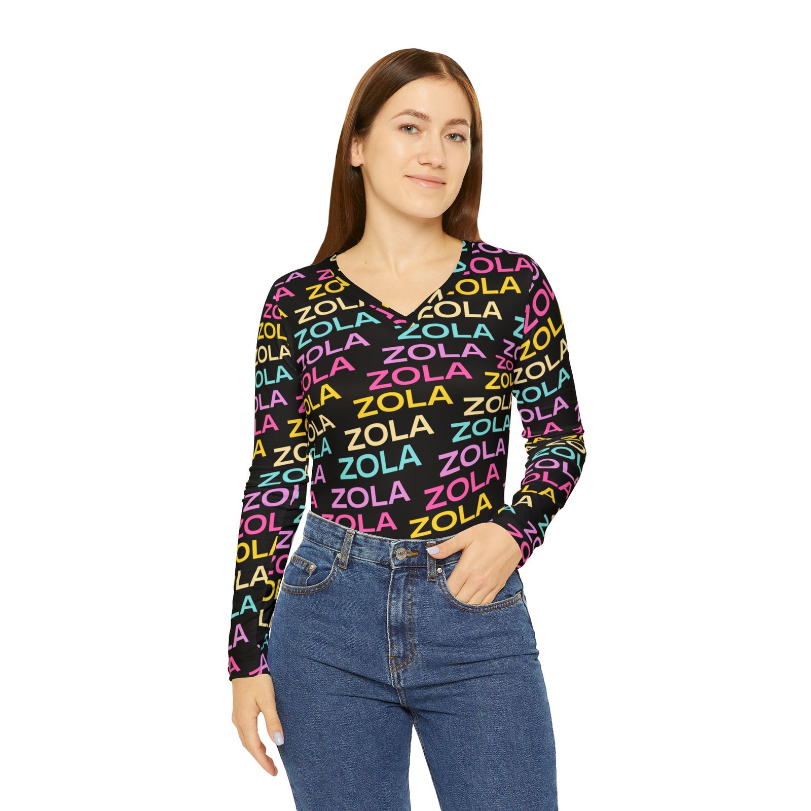 Zola Print Women's Long Sleeve V-Neck Shirt (Black) SETEPENRA All Over Prints.