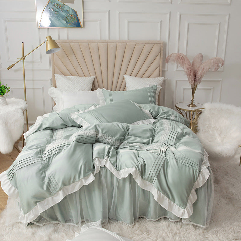 Uma Mova 4-Piece Korean Princess Lace Bedding Set With Bed Skirt And Quilt Cover SETEPENRA .