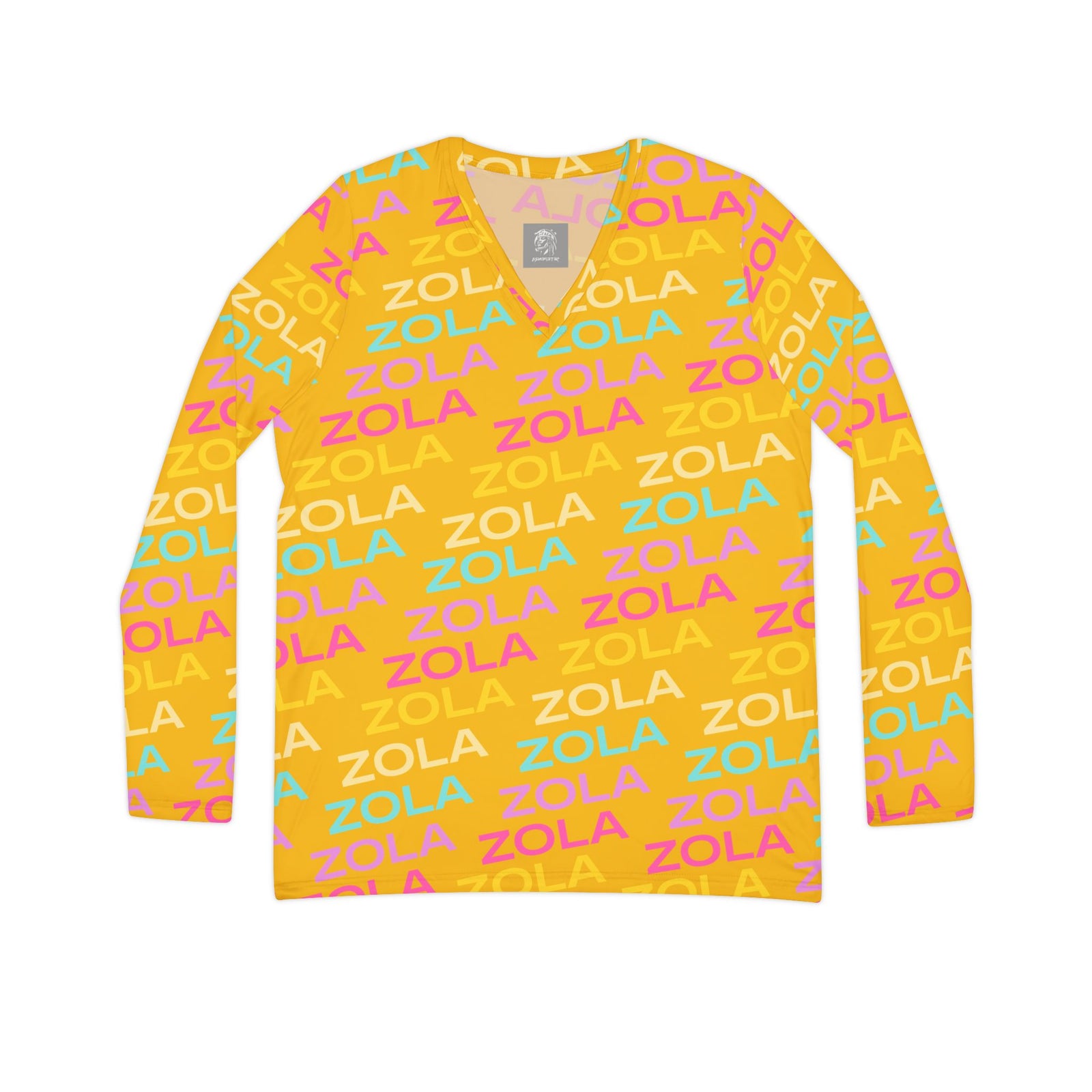 Zola Print Women's Long Sleeve V-Neck Shirt (Gold) SETEPENRA All Over Prints.