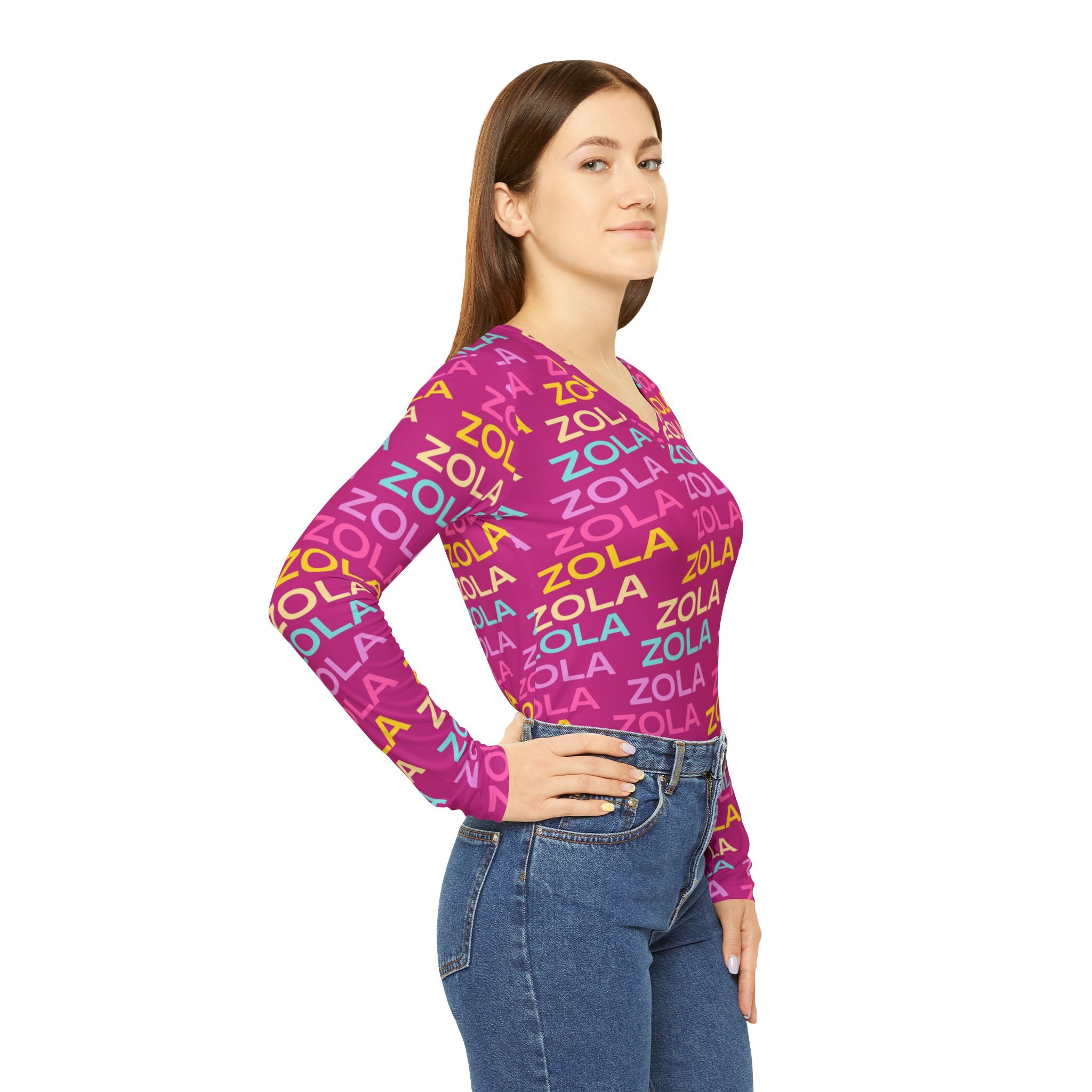 Zola Print Women's Long Sleeve V-Neck Shirt (Pink) SETEPENRA All Over Prints.
