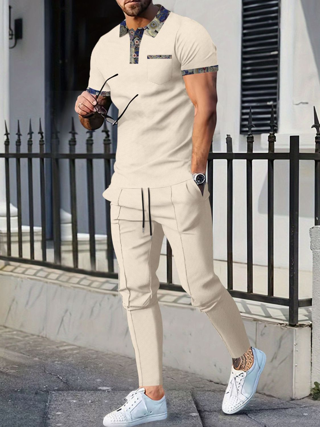 Men's Full Size Waffle Knit Short Sleeve Polo and Pants Set Plus Size SETEPENRA .