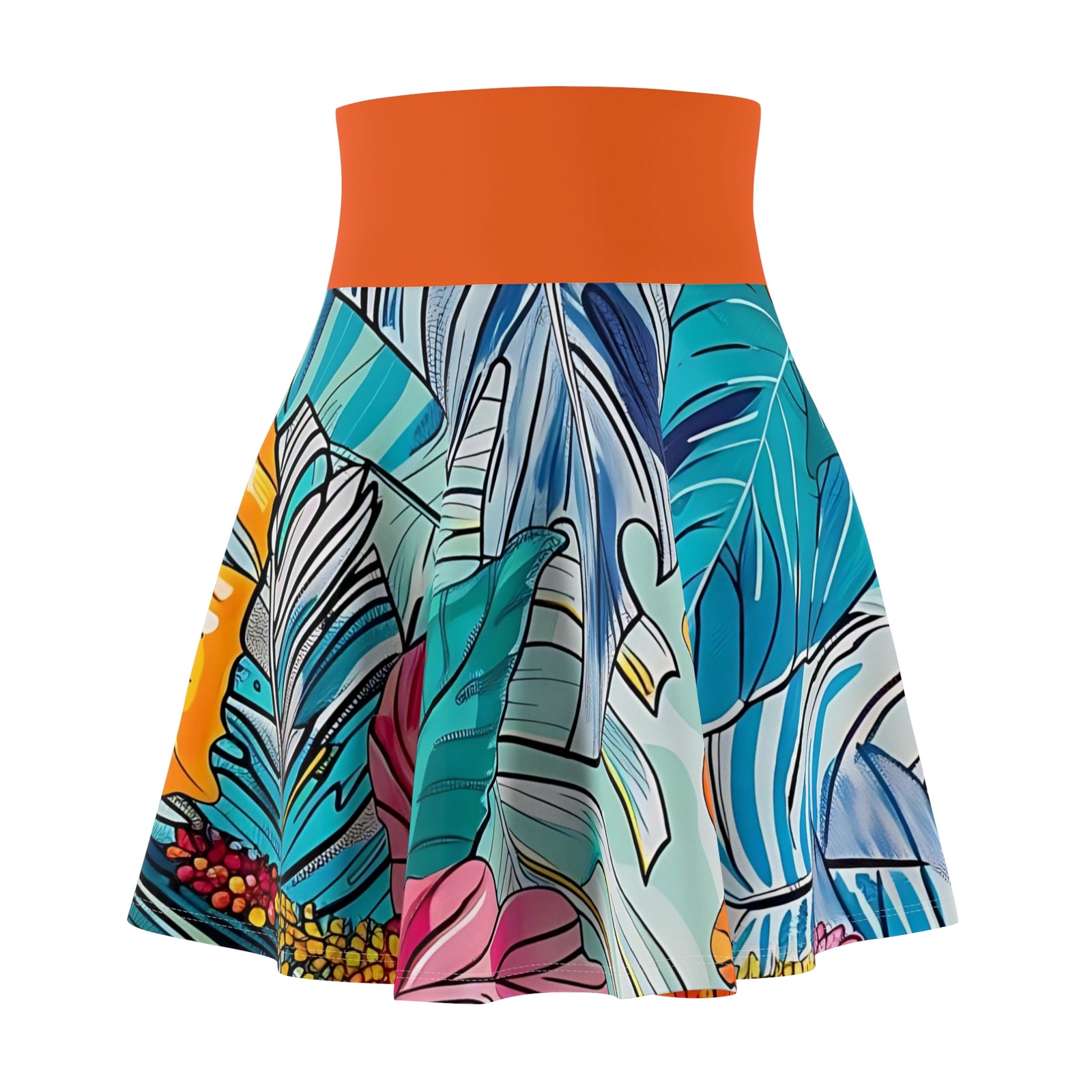 Women's Monstera Hibiscus Skater Skirt (w/Orange Waistband) SETEPENRA All Over Prints.