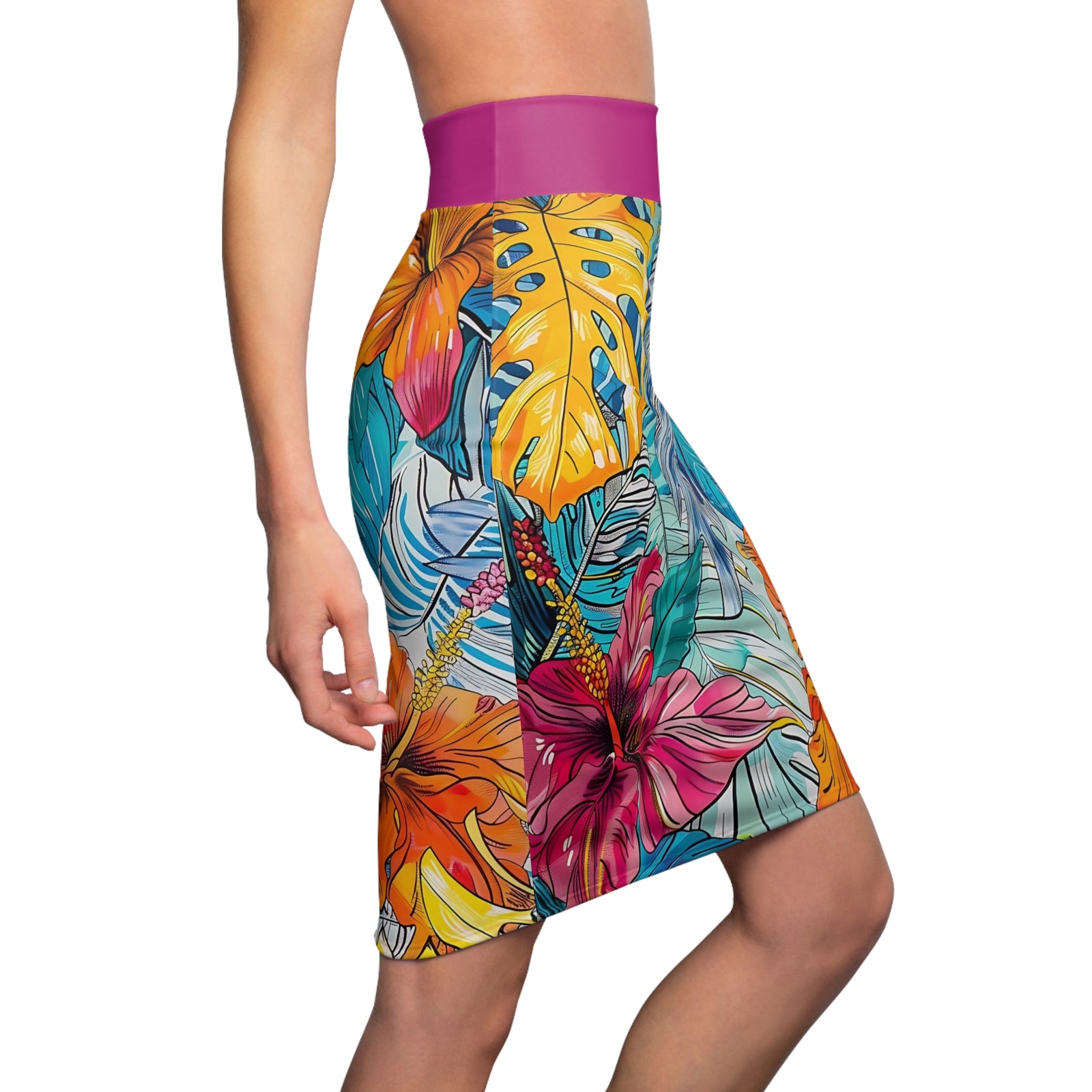 Women's Monstera Hibiscus Pencil Skirt (w/Pink Waistband) SETEPENRA All Over Prints.