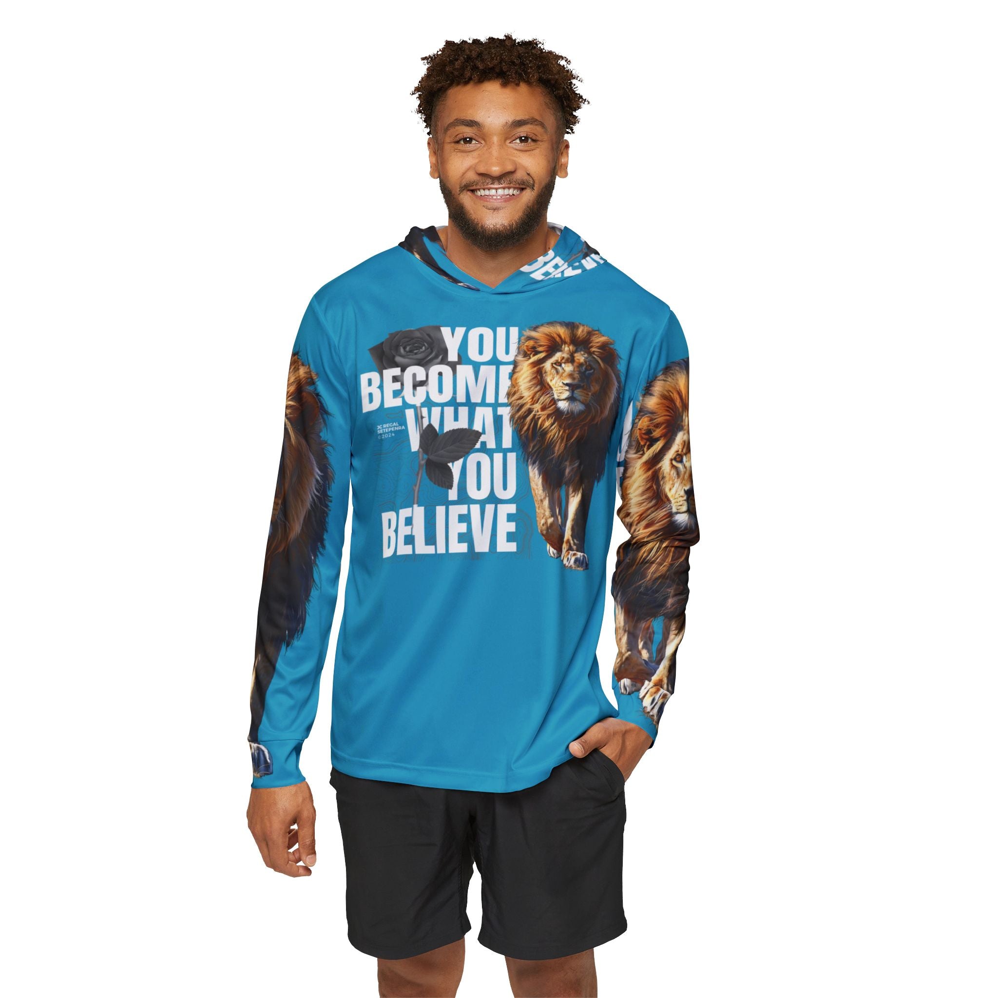 You Become What You Believe Men's Sports Warmup Hoodie (Turquoise) SETEPENRA All Over Prints.