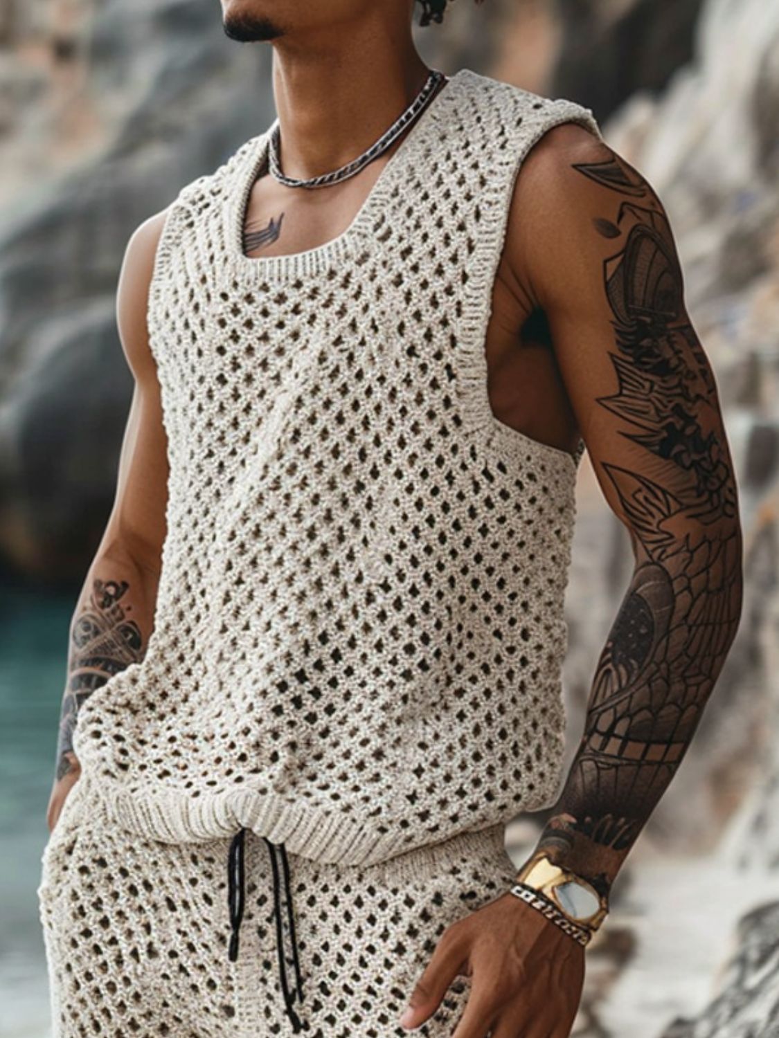 Men's Plus Size Hollow Out Round Neck Tank and Shorts Set SETEPENRA .