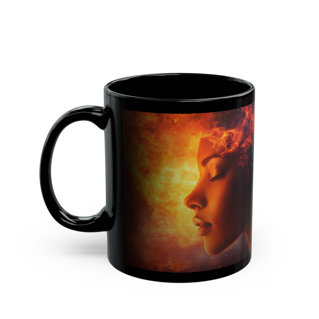 Black ceramic mug featuring the Cosmic Queen design for stylish beverage enjoyment.