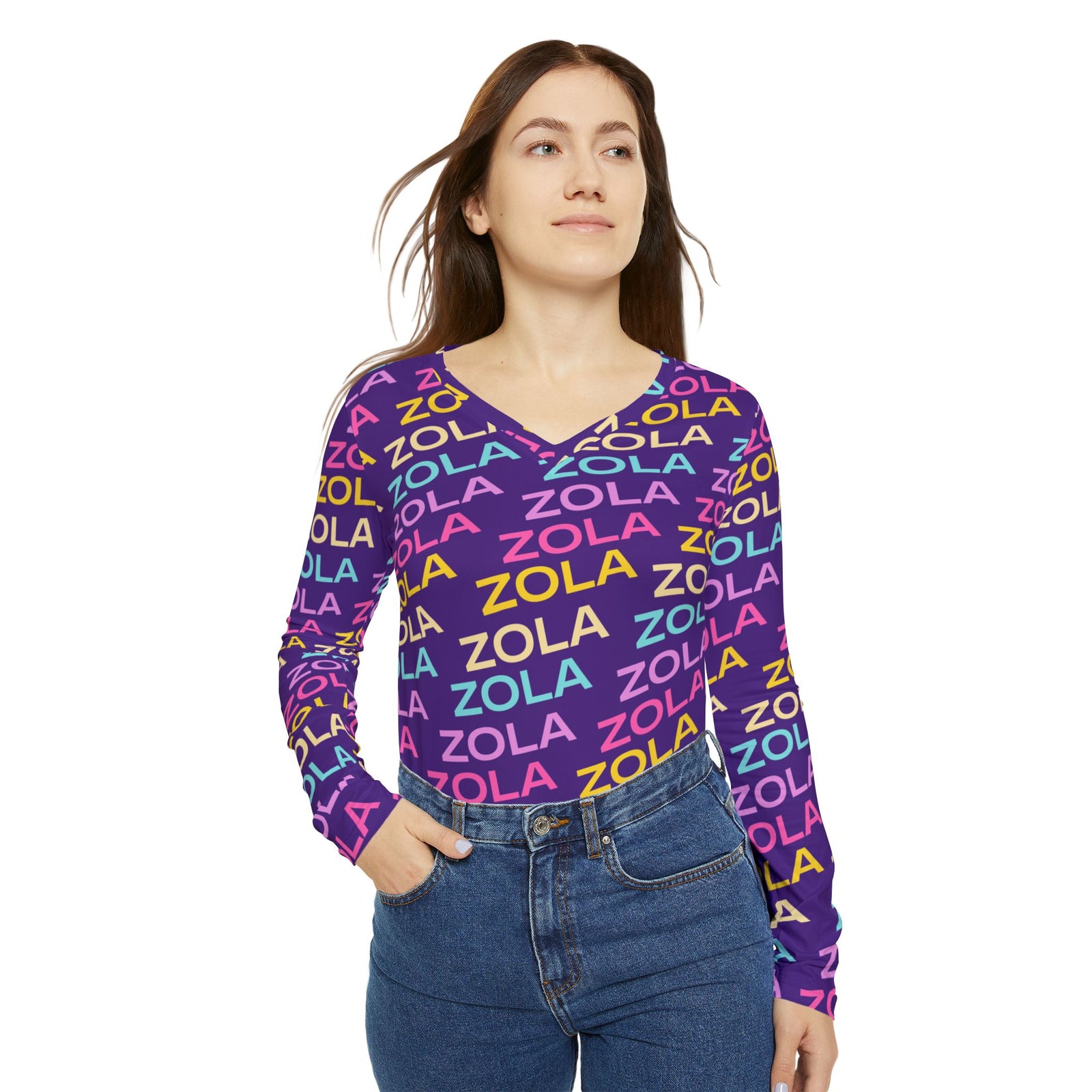 Zola Print Women's Long Sleeve V-Neck Shirt (Purple) SETEPENRA All Over Prints.