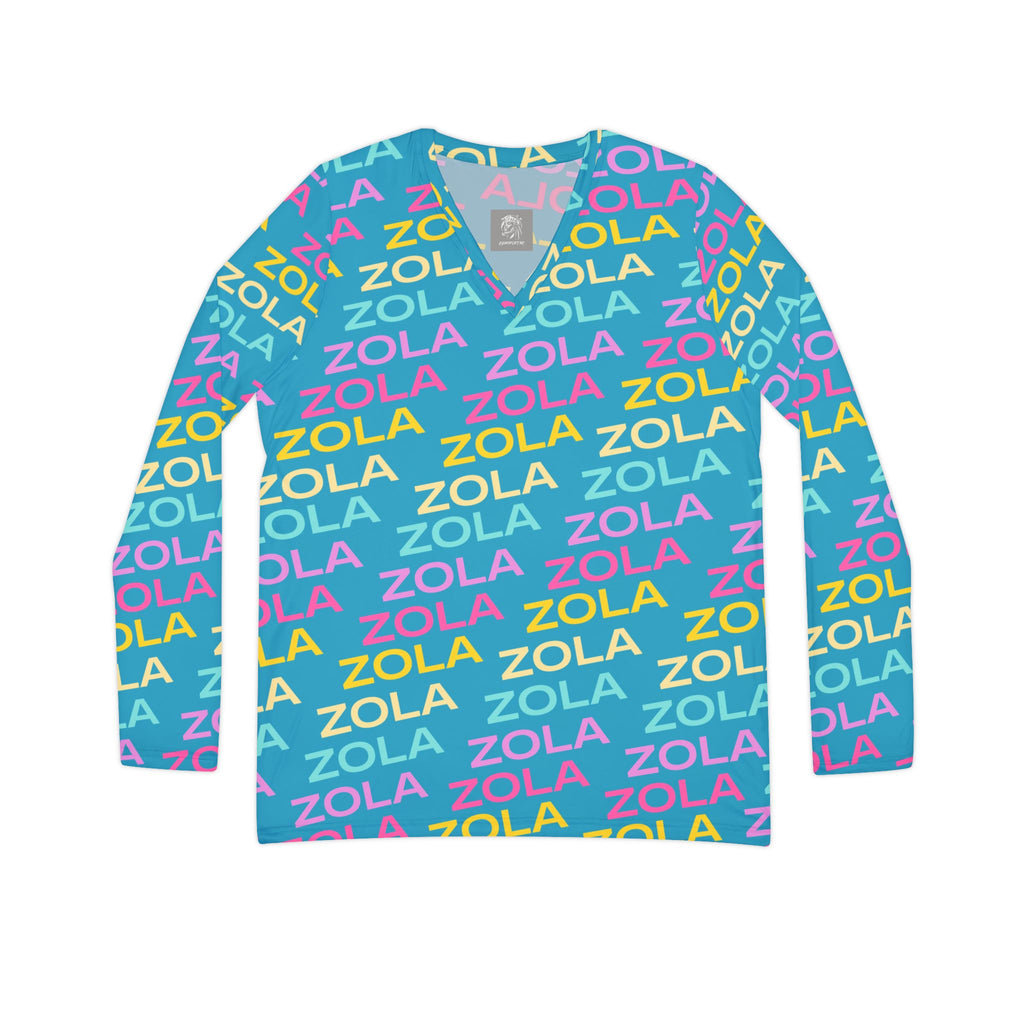 Zola Print Women's Long Sleeve V-Neck Shirt (Turquoise) SETEPENRA All Over Prints.