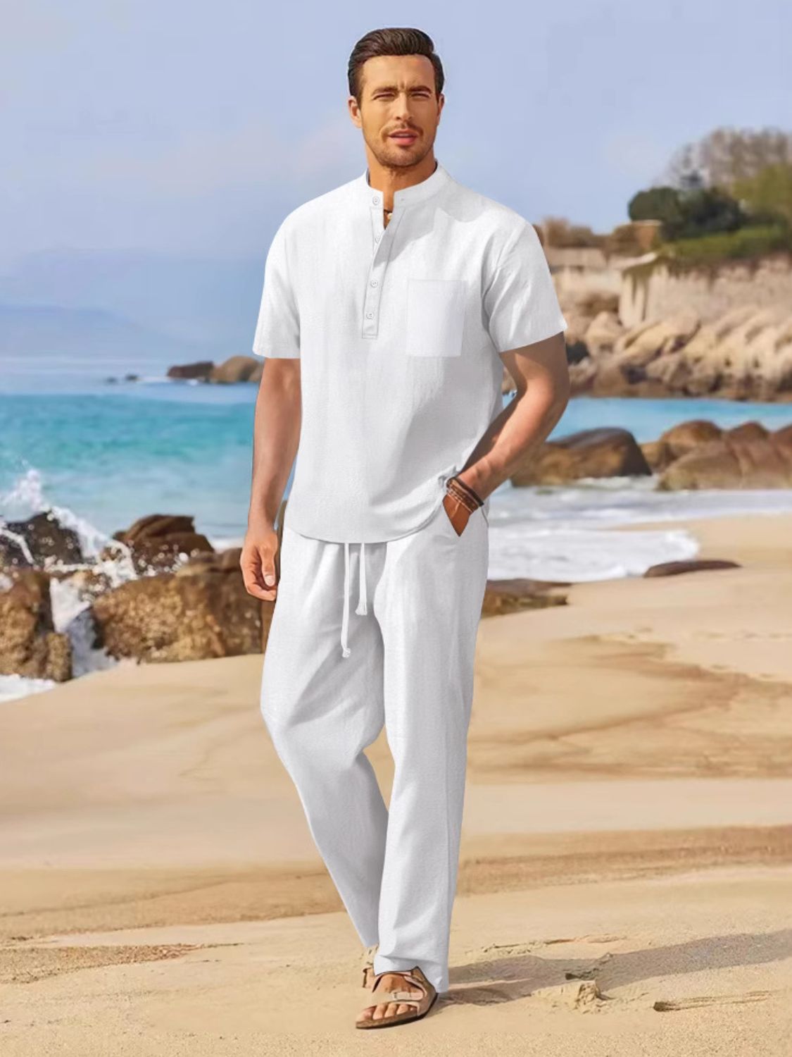 Men's Full Size Half Button Top and Drawstring Pants Set Plus Size SETEPENRA .