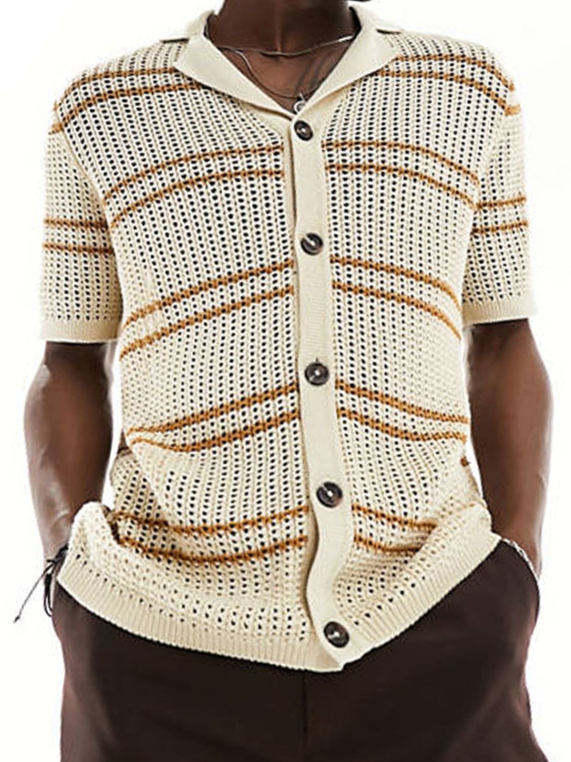 Men's Striped Collared Neck Hollow Out Shirt SETEPENRA .