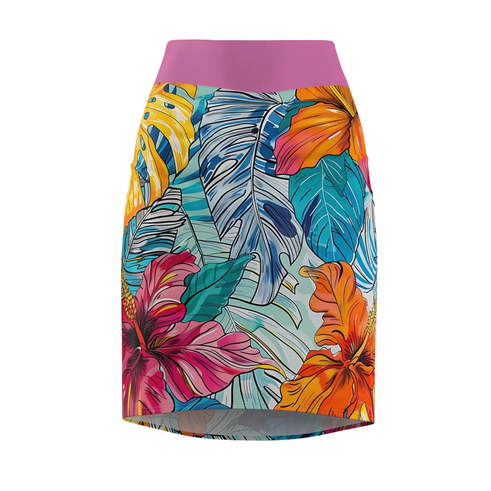 Women's Monstera Hibiscus Pencil Skirt (w/Light Pink Waistband) SETEPENRA All Over Prints.