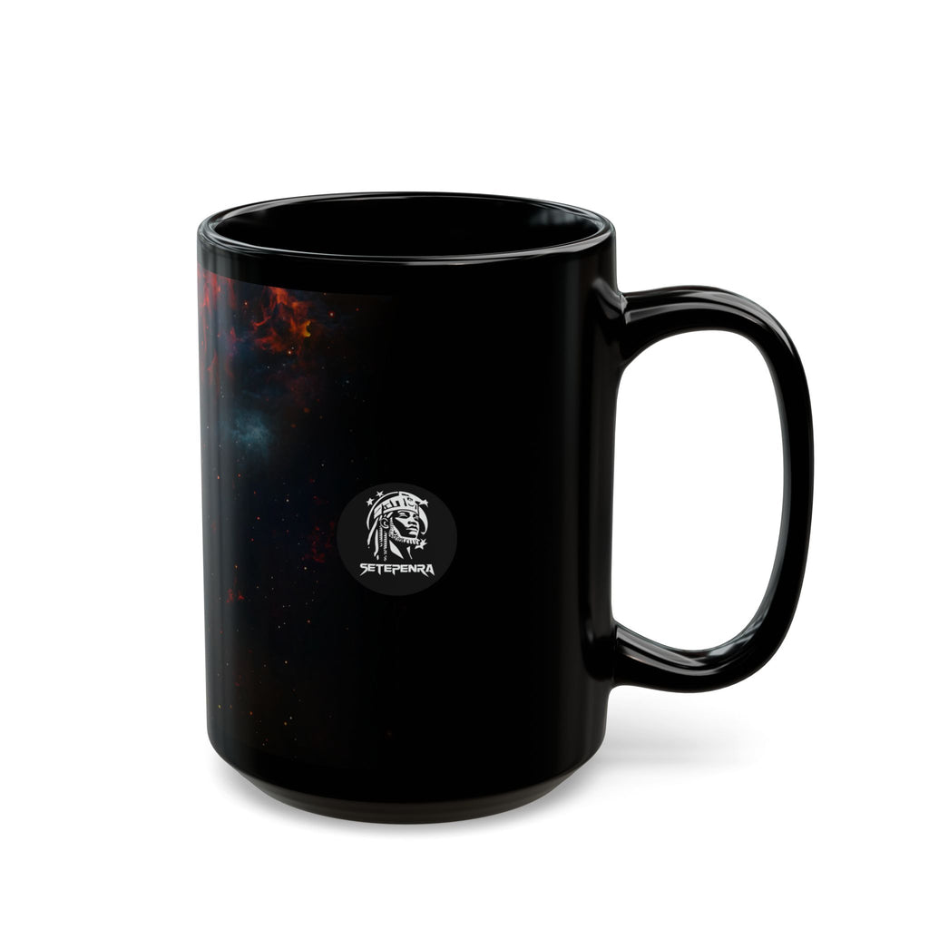 Black ceramic mug featuring the Cosmic Queen design for stylish beverage enjoyment.