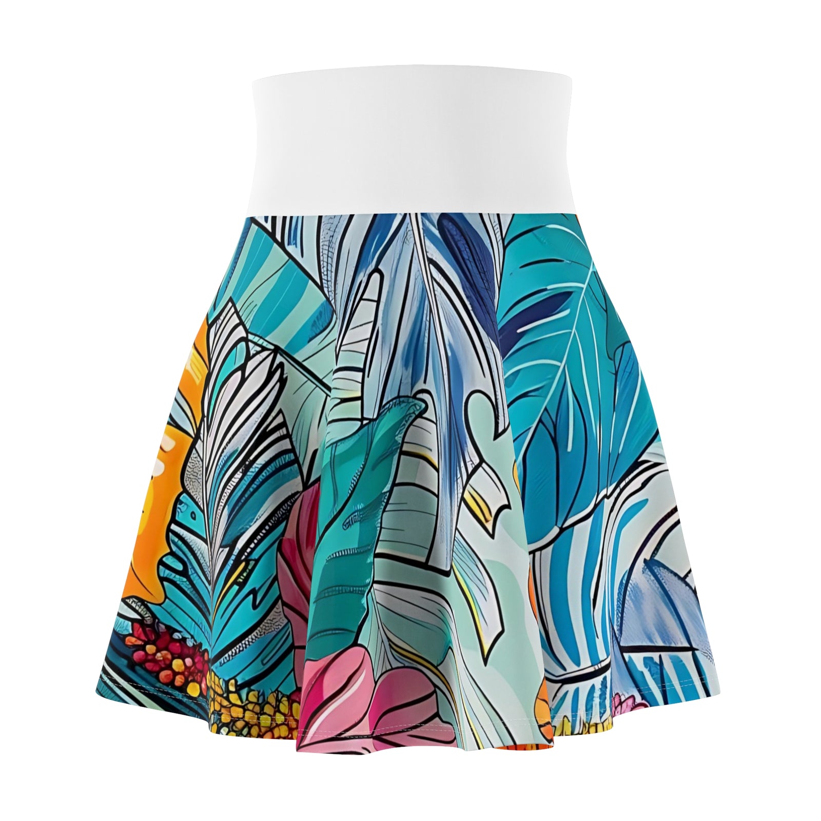 Women's Monstera Hibiscus Skater Skirt (w/White Waistband) SETEPENRA All Over Prints.