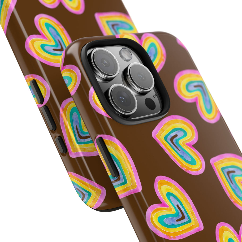 Rainbow Heart Tough Phone Case (For iPhone, Galaxy & More) - Brown