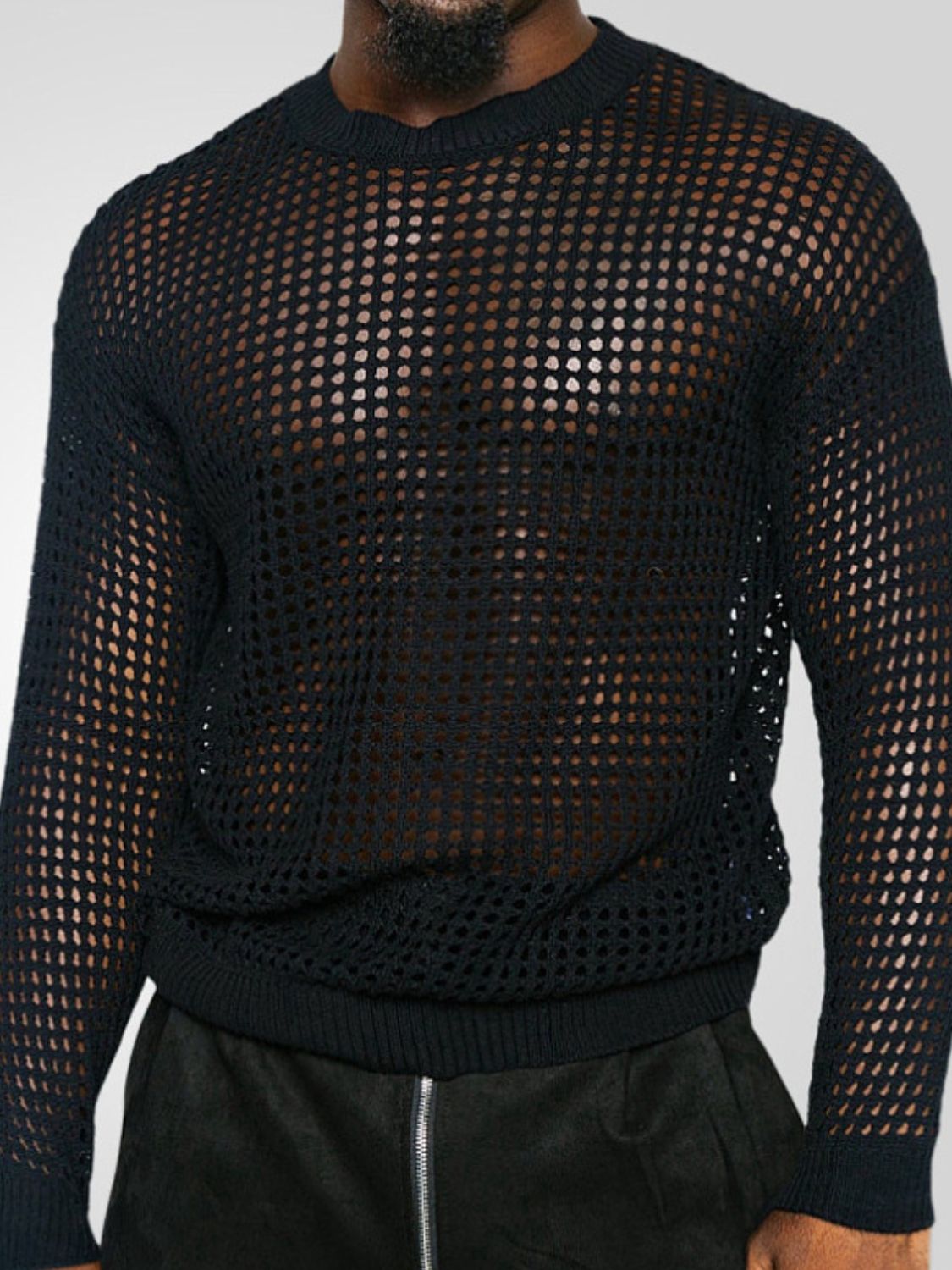 Men's Full Size Hollow Out Round Neck Long Sleeve Top Plus Size SETEPENRA .