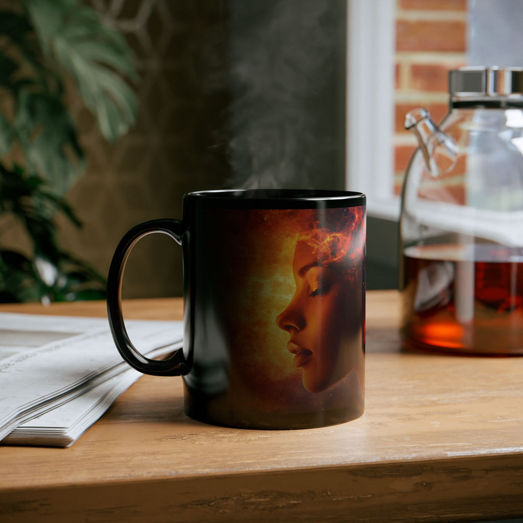 Black ceramic mug featuring the Cosmic Queen design for stylish beverage enjoyment.