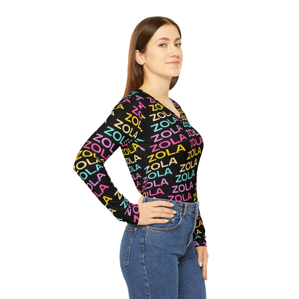 Zola Print Women's Long Sleeve V-Neck Shirt (Black) SETEPENRA All Over Prints.