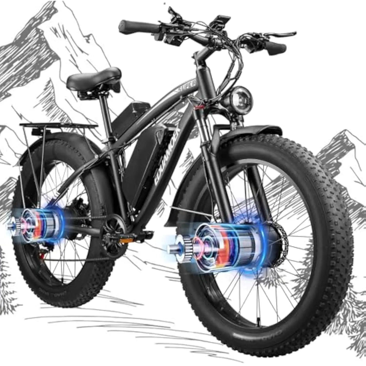 3000W 37MPH 52V 23Ah 7 Speed 26 Inch Fat Tire Large Battery Dual Motor eBike For Adults
