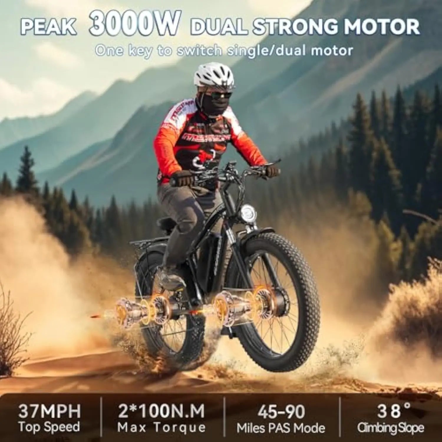 3000W 37MPH 52V 23Ah 7 Speed 26 Inch Fat Tire Large Battery Dual Motor eBike For Adults