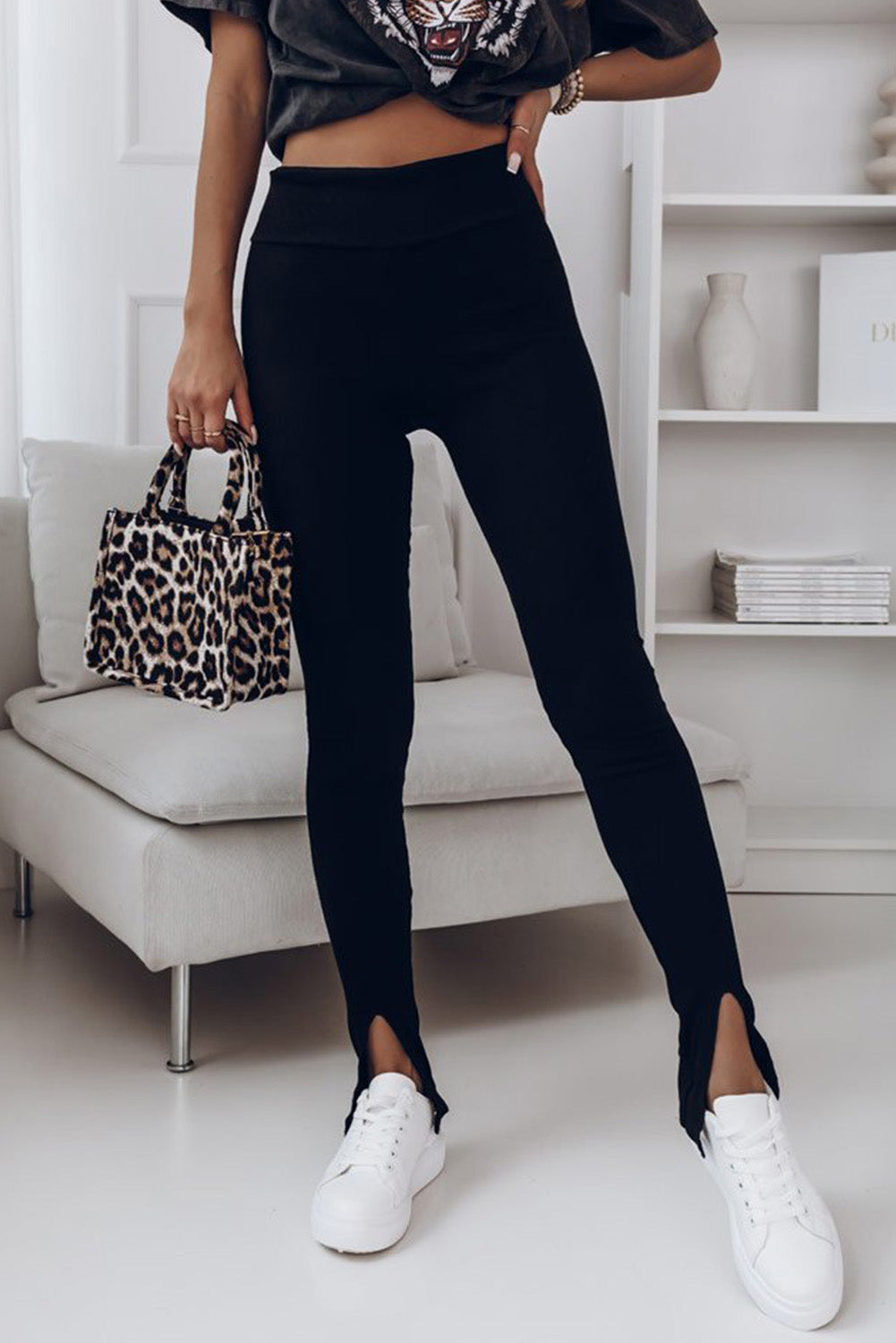 High Waist Ribbed Slit Leggings SETEPENRA .